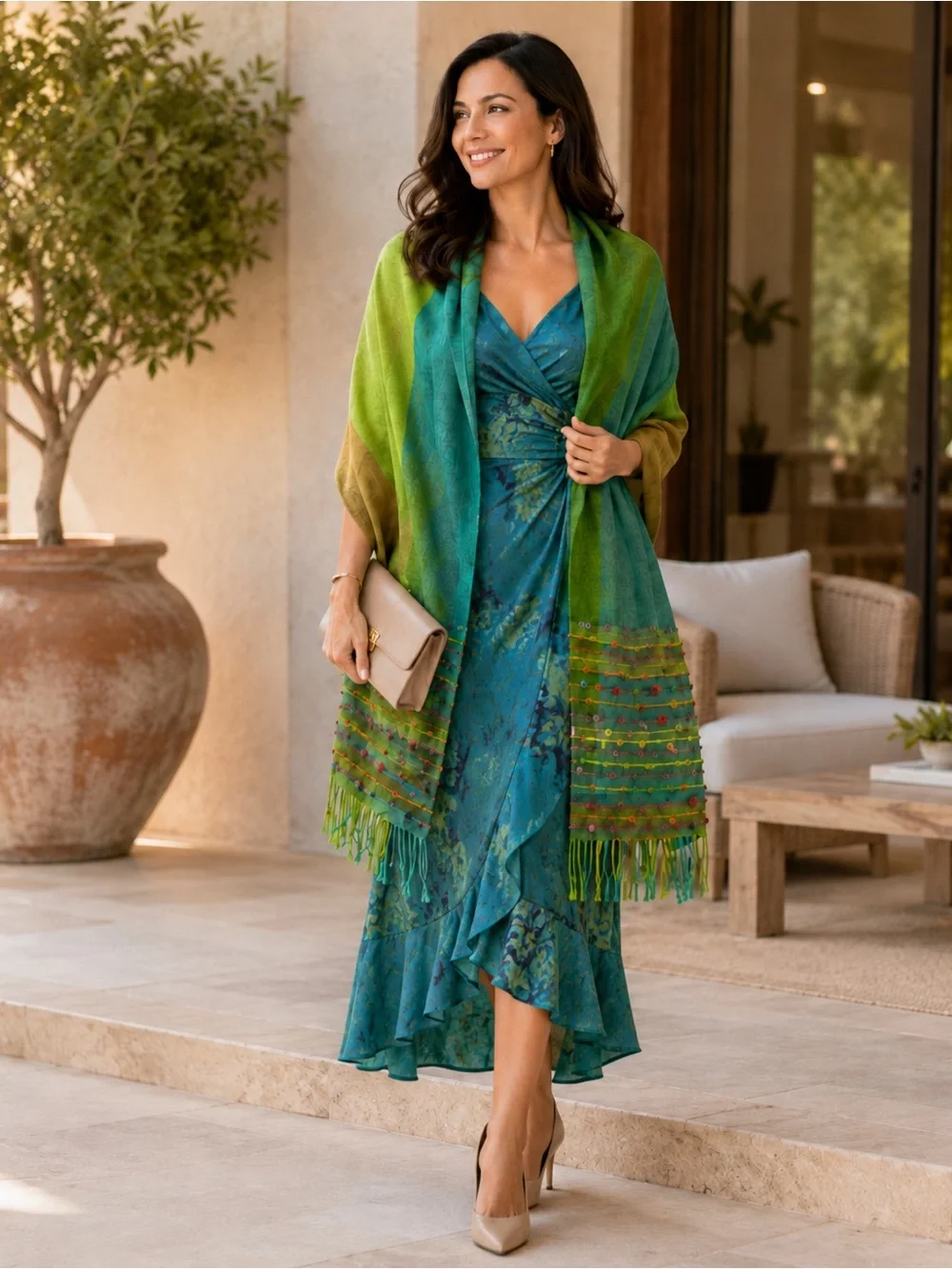 NWT David Jeffery Green Teal Embroidered Fringe Shawl Wrap Boho